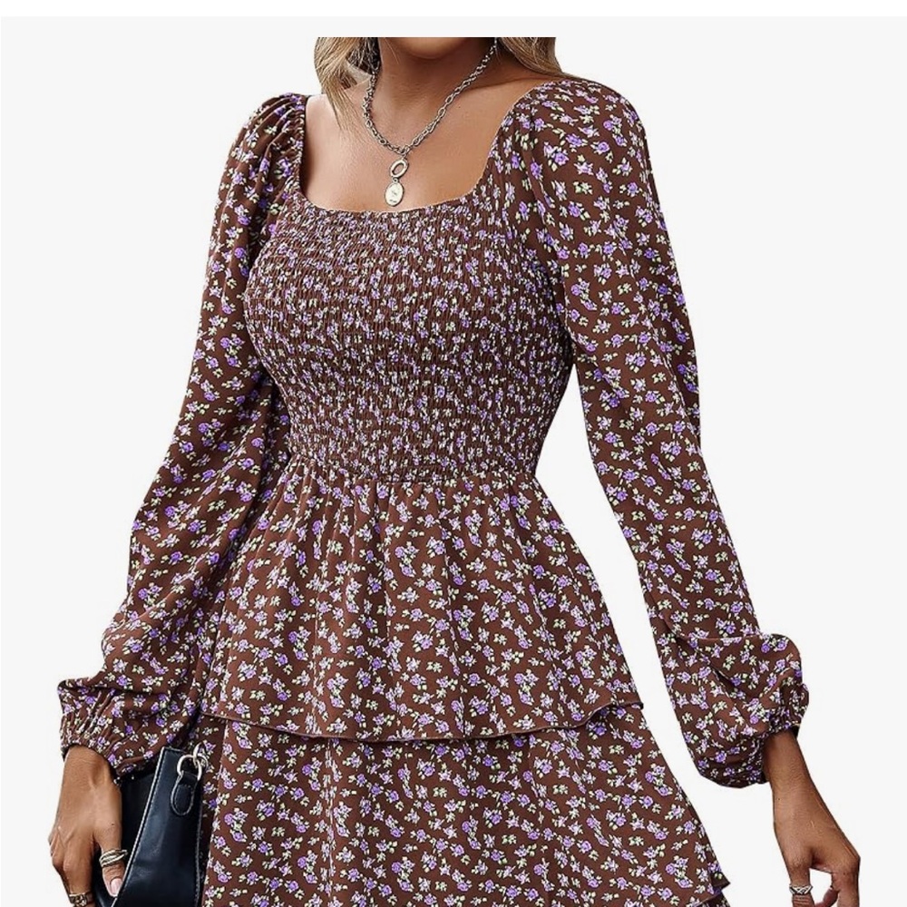 Chic Floral Long Sleeve Dress - Brown and Purple